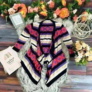 Minnie Rose 100% Cotton Patterned Cascade Waterfall Open Draped Cardigan Wrap